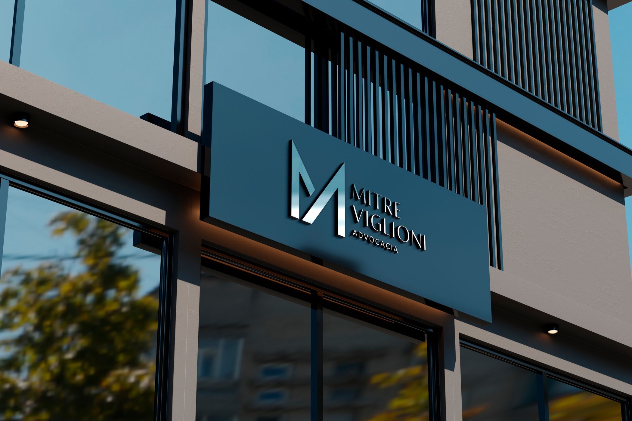 Ilustração da marca Mitre Viglioni Advocacia em uma placa de fachada